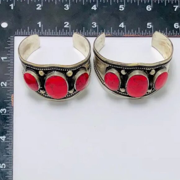 Coral Stones Boho Cuff, Kuchi Handmade Adjustable Cuff Bracelet - Picture 7 of 8